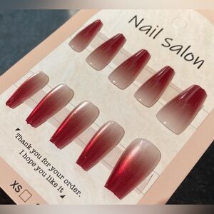 [M] 💅 10Pcs Wearable Reusable Press on Nails Long Laddee Red Burgundy Bronze